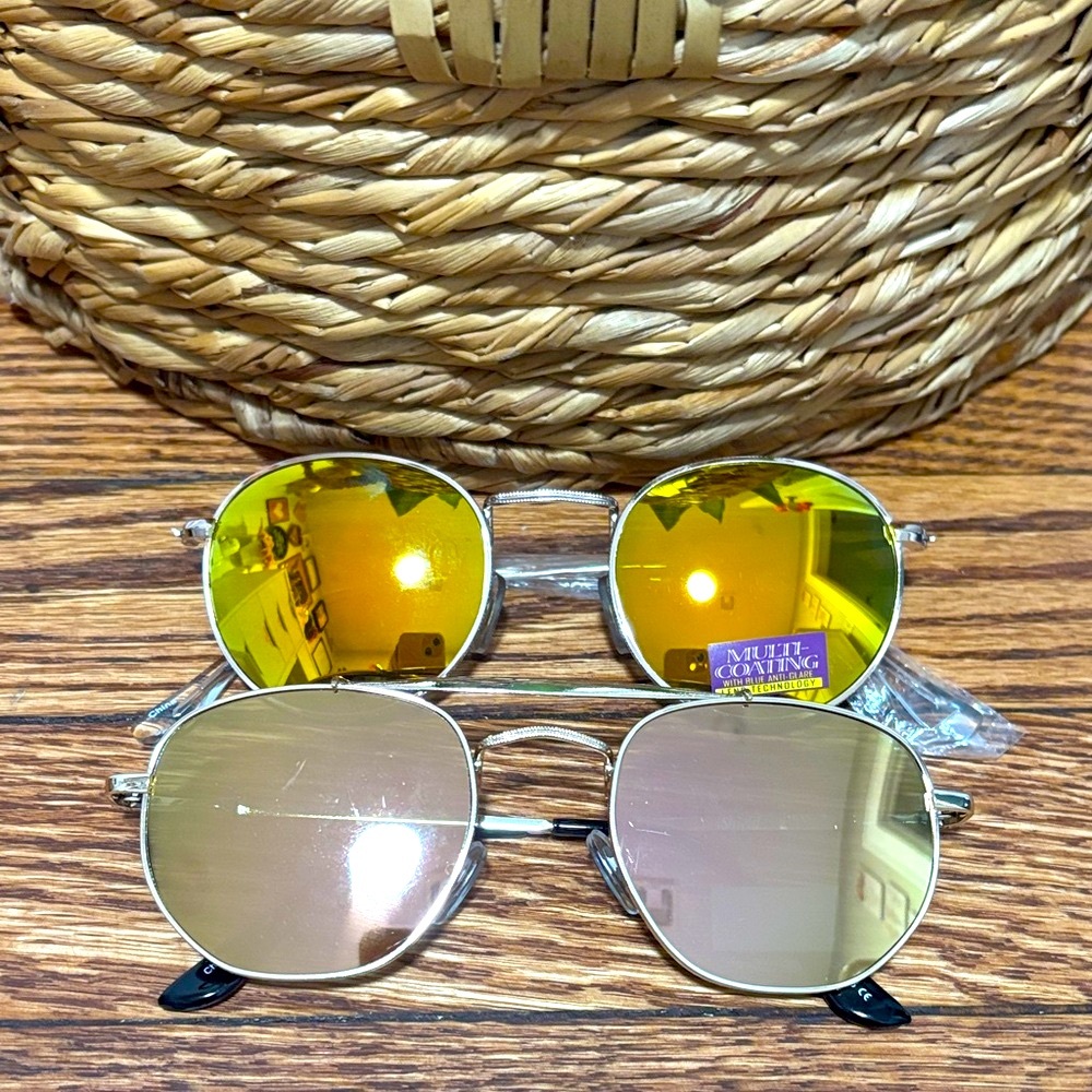 Double Pack Metallic Frame Sunglasses with Gold and Yellow Mirrors